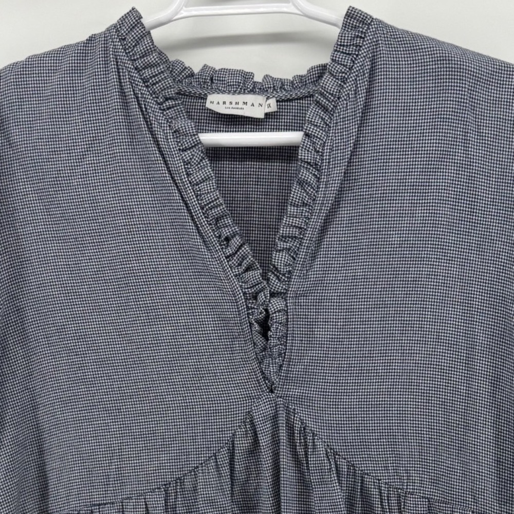 Harshman Los Angeles Navy Houndstooth Ruffle V-Neck Babydoll Top Plus Size 1X
